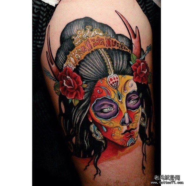 大臂艺妓传统头像彩绘纹身图案