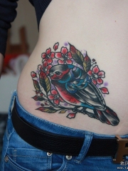 腹部欧美school鸟小清新花卉纹身图案