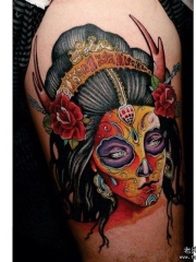 大臂艺妓传统头像彩绘纹身图案