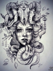 欧美school女郎骷髅羚羊蛇纹身图案手稿