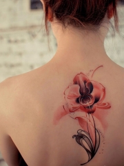 美女背部个性粉色花朵纹身图案