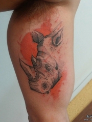 大臂犀牛头线条欧美泼墨纹身图案