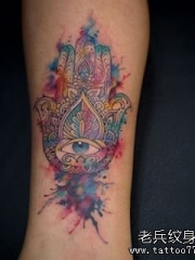 小腿法蒂玛之手泼墨纹身图案