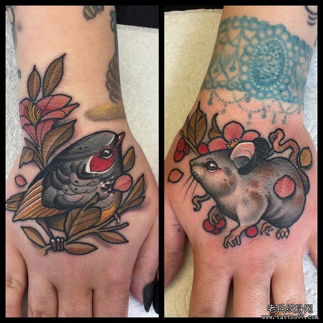 手背new school鸟老鼠纹身图案