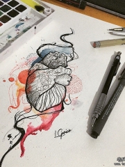 欧美小清新泼墨线条心脏纹身图案手稿