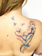 背部欧美泼墨人物蝴蝶纹身图案