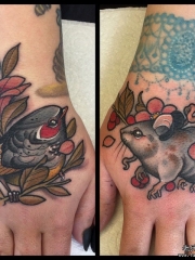 手背new school鸟老鼠纹身图案