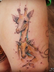 大腿性感欧美泼墨小清新长颈鹿纹身图案