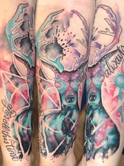 手小臂上帅气的水彩鹿纹身图片