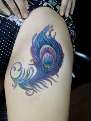 大腿唯美好看的孔雀羽毛纹身图案