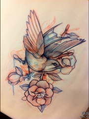 欧美玫瑰school鸟纹身图案手稿