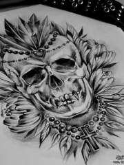 欧美school骷髅十字架花卉纹身图案手稿
