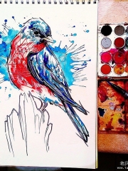 欧美泼墨鸟几何彩色纹身图案手稿