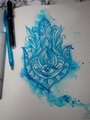 欧美蓝色法蒂玛之手纹身图案手稿