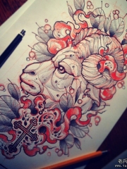 欧美羚羊十字架火焰纹身图案手稿