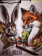 欧美school狐狸兔子纹身图案手稿