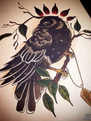 欧美school乌鸦树枝纹身图案手稿