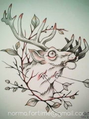 欧美麋鹿树叶纹身图案手稿