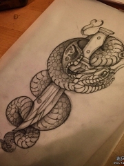 欧美蛇匕首纹身图案手稿