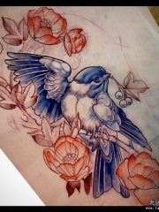 欧美new school鸟花朵纹身图案手稿