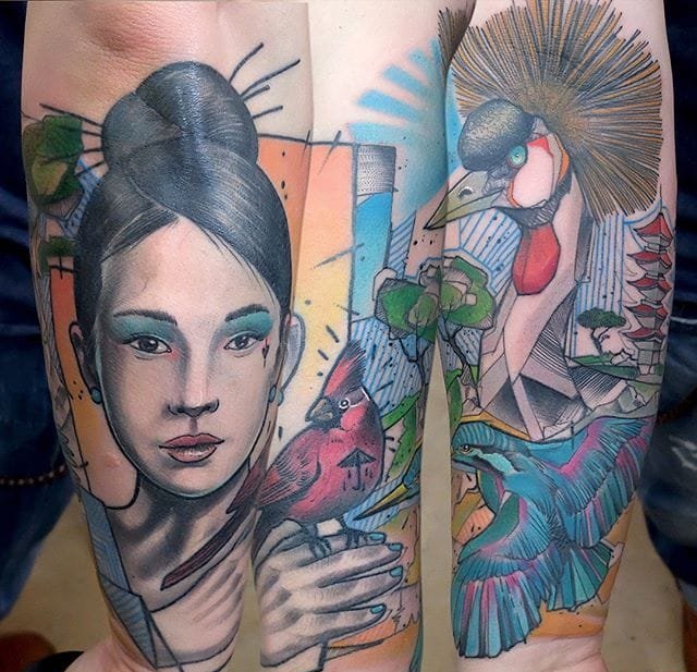 彩色简单个性线条纹身动物肖像纹身素描技巧图案