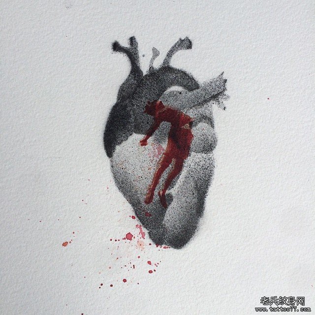 欧美点刺心脏纹身图案手稿