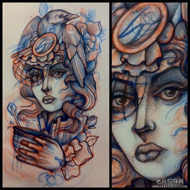 欧美school女郎鸟纹身图案手稿
