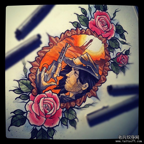 欧美school玫瑰花人像手枪纹身图案手稿