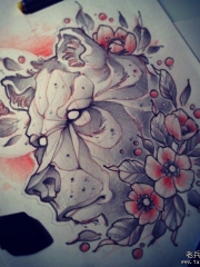 欧美school熊花卉纹身图案手稿