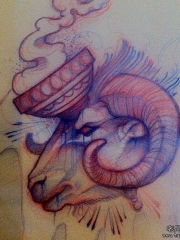 欧美羚羊羊头school纹身图案手稿