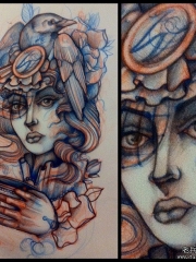 欧美school女郎鸟纹身图案手稿