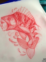 创意个性人物鱼纹身图案手稿