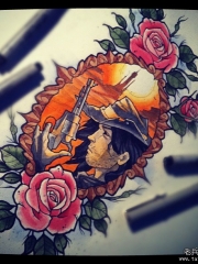 欧美school玫瑰花人像手枪纹身图案手稿
