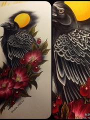 欧美school乌鸦花卉遮盖纹身图案手稿