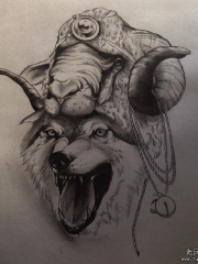 欧美狼头羊纹身图案手稿
