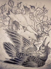 欧美羊头乌鸦玫瑰花纹身图案手稿