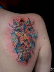 背部水彩猫头鹰纹身图案