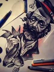 欧美暗黑系男士鱼纹身图案手稿