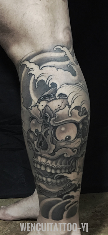 小腿个性嘎巴拉骷髅纹身图案