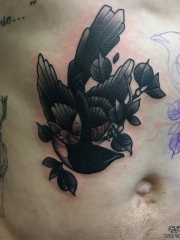 腹部school燕子树叶遮盖纹身图案