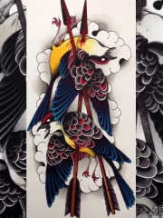 school鸟箭彩色纹身图案手稿