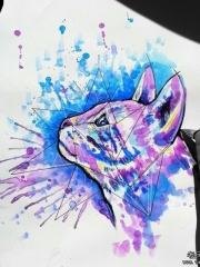 欧美小清新泼墨猫彩色纹身图案手稿