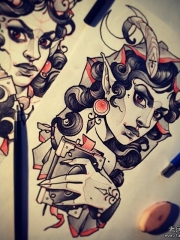 欧美暗黑系女郎纹身图案手稿