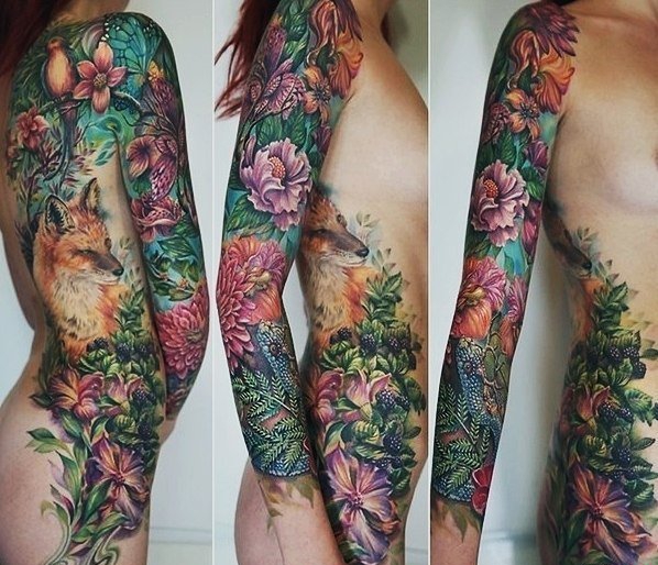 彩色的植物藤花朵纹身动物满臂花臂纹身图案大全