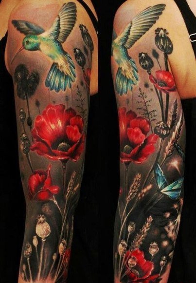 彩色的植物藤花朵纹身动物满臂花臂纹身图案大全