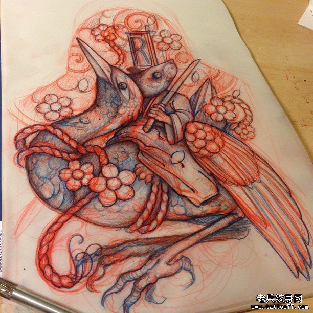 传统仙鹤老鼠花朵纹身图案手稿