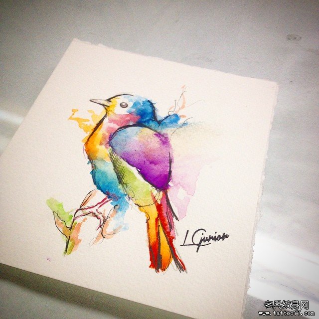 欧美泼墨鸟纹身图案手稿