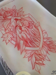 欧美狼头盾牌花卉纹身图案手稿