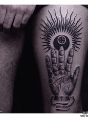 大腿点刺手太阳图腾纹身图案