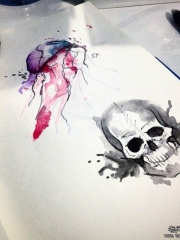 欧美泼墨骷髅水母纹身图案手稿